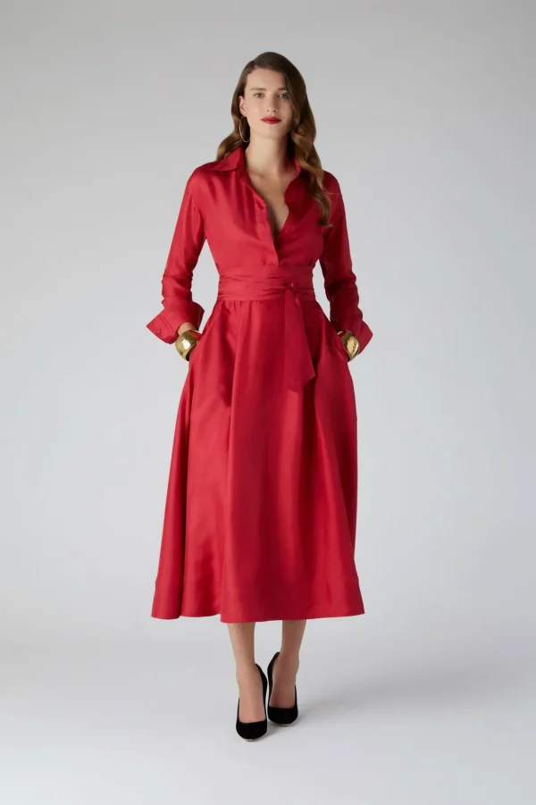 Jasper Conran Edie Silk Full Skirt Shirt Dress Red Flash Sale