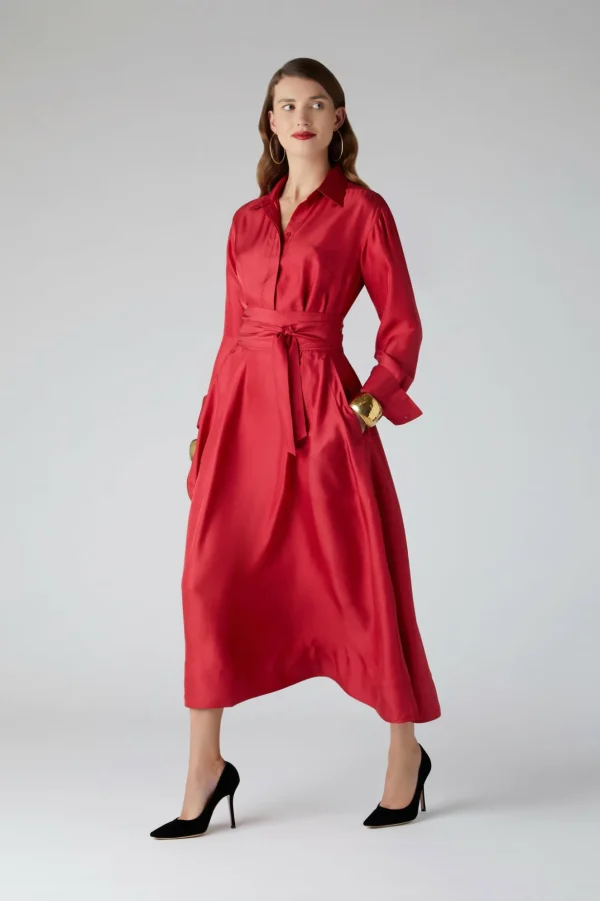 Jasper Conran Edie Silk Full Skirt Shirt Dress Red Flash Sale