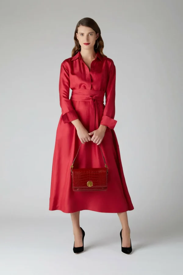 Jasper Conran Edie Silk Full Skirt Shirt Dress Red Flash Sale