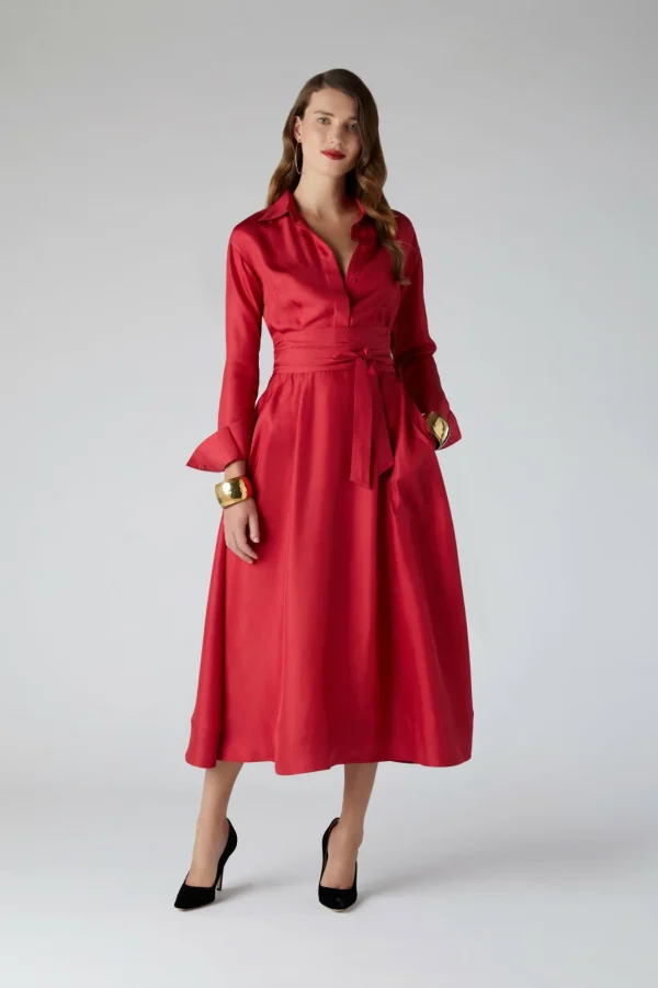 Jasper Conran Edie Silk Full Skirt Shirt Dress Red Flash Sale