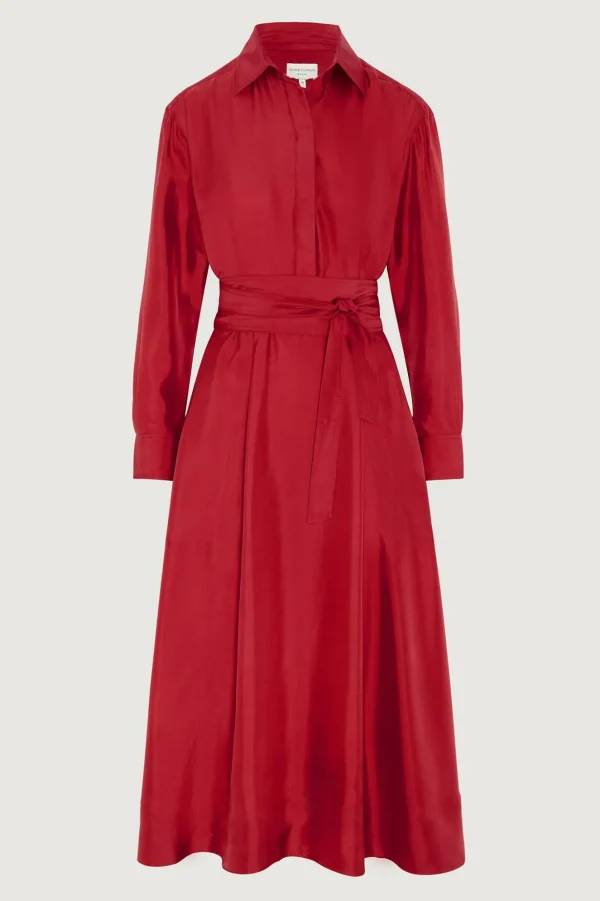 Jasper Conran Edie Silk Full Skirt Shirt Dress Red Flash Sale