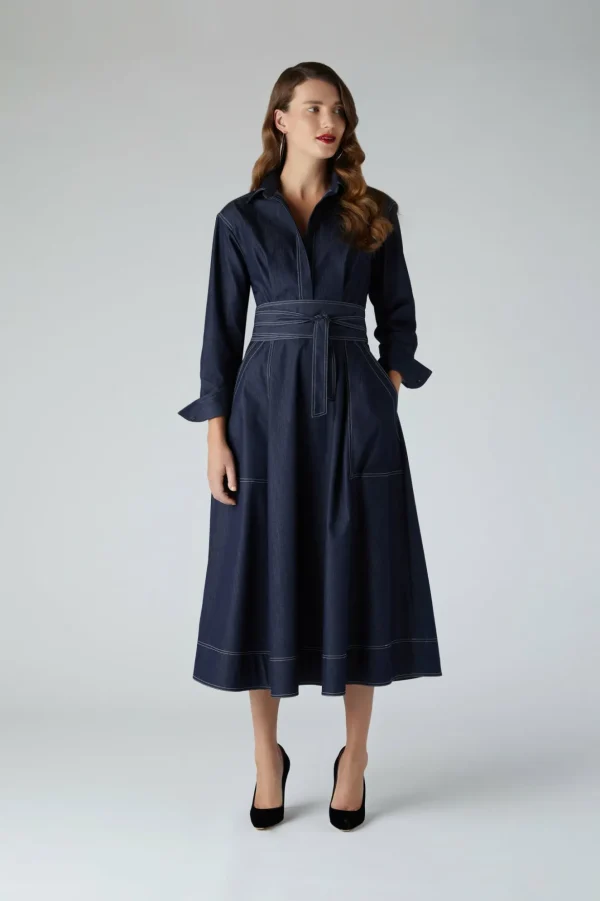 Jasper Conran Ella Denim Full Skirt Shirt Dress Blue Clearance